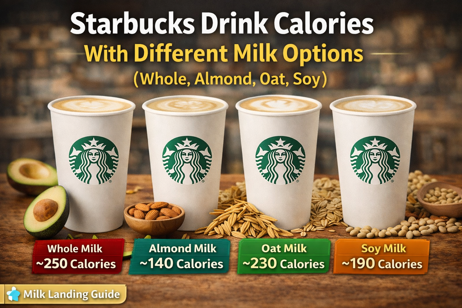 Different milk types comparison: whole, almond, oat, and soy milk